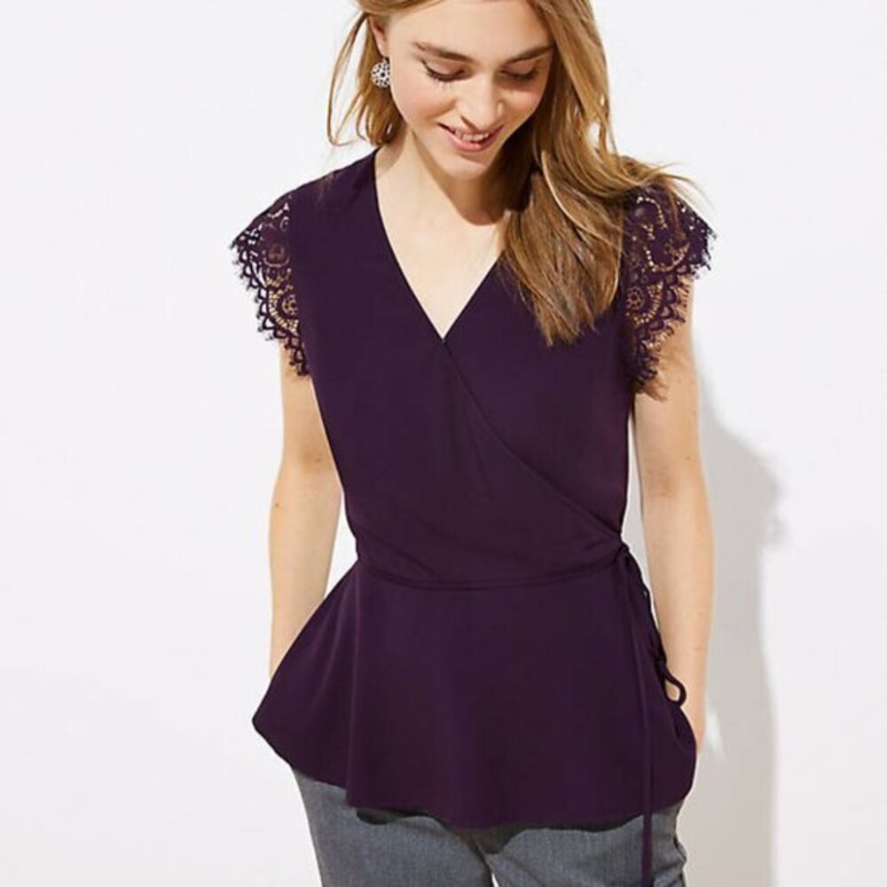 LOFT Lace Lace Cap Sleeve‎ Wrap Top Purple